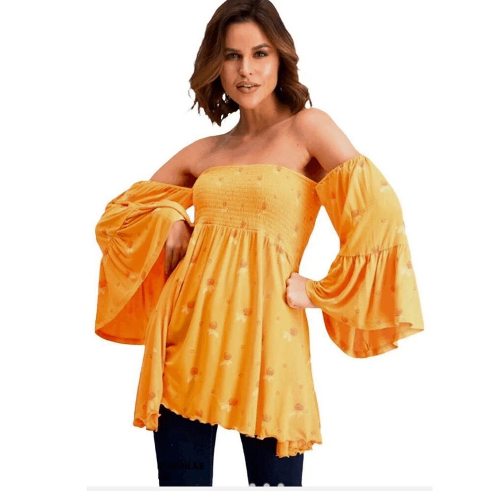 Free People womens Sz medium orange off the shoulder smoked lana tunic top